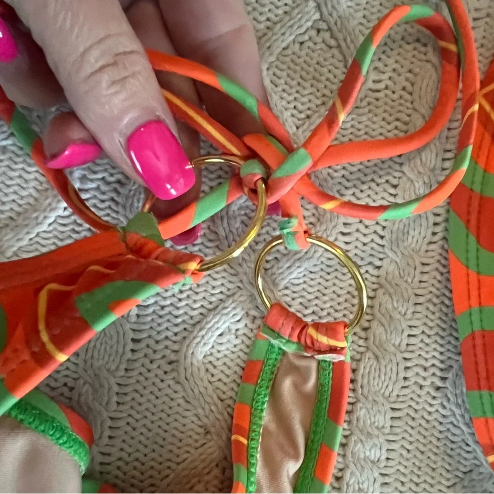 Fashion Nova Orange & Green Bikini Thong Metal Hardware on Hips Women’s SZ L - Picture 6 of 11